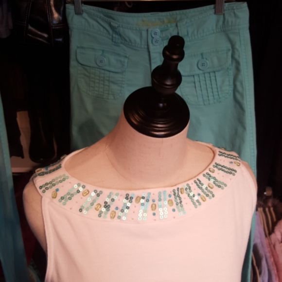 CLOTHING COVE ♡ Aqua Embellished Sequenced Bling Shoulder Line Sleeveless Top PM - Picture 12 of 14
